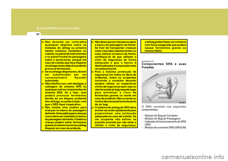 Hyundai Santa Fe 2007  Manual do proprietário (in Portuguese) 1CARACTERÍSTICAS DO SEU HYUNDAI
50
o Não deverão ser colocados
quaisquer objectos sobre os módulos do airbag ou próximodestes módulos instalados no volante, no painel de instrumentos e no painel