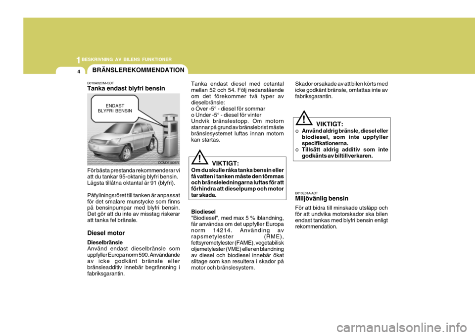 Hyundai Santa Fe 2007  Ägarmanual (in Swedish) 1BESKRIVNING AV BILENS FUNKTIONER
4
OCM051001R
B010E01A-ADT Miljövänlig bensin För att bidra till minskade utsläpp och för att undvika motorskador ska bilenendast tankas med blyfri bensin enligt 