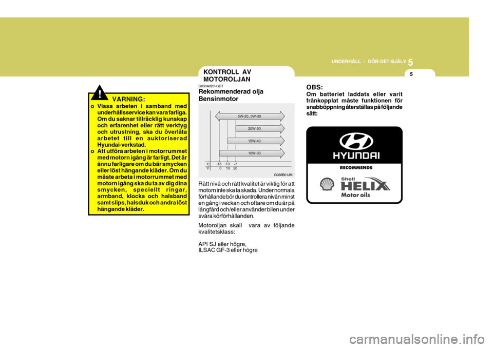 Hyundai Santa Fe 2007 Ägarmanual (in Swedish) 5
UNDERHÅLL - GÖR-DET-SJÄLV
5
!VARNING:
o Vissa arbeten i samband med underhållsservice kan vara farliga. Om du saknar tillräcklig kunskapoch erfarenhet eller rätt verktyg och utrustning, ska du Hyundai Santa Fe 2007 Ägarmanual (in Swedish) 5
UNDERHÅLL - GÖR-DET-SJÄLV
5
!VARNING:
o Vissa arbeten i samband med underhållsservice kan vara farliga. Om du saknar tillräcklig kunskapoch erfarenhet eller rätt verktyg och utrustning, ska du