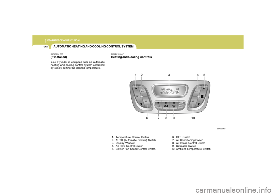 Hyundai Santa Fe 2006 Owners Manual 1FEATURES OF YOUR HYUNDAI
102
AUTOMATIC HEATING AND COOLING CONTROL SYSTEMB970A01Y-AAT(If installed)Your Hyundai is equipped with an automatic
heating and cooling control system controlled
by simply s Hyundai Santa Fe 2006 Owners Manual 1FEATURES OF YOUR HYUNDAI
102
AUTOMATIC HEATING AND COOLING CONTROL SYSTEMB970A01Y-AAT(If installed)Your Hyundai is equipped with an automatic
heating and cooling control system controlled
by simply s