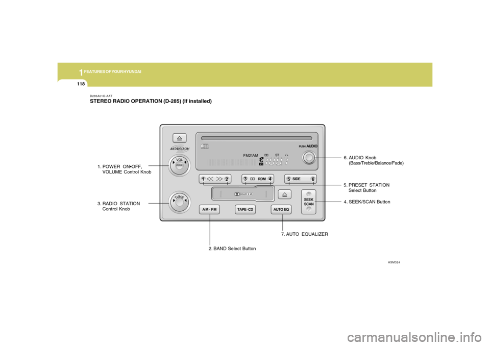 Hyundai Santa Fe 2006 Owners Manual 1FEATURES OF YOUR HYUNDAI
118
D285A01O-AATSTEREO RADIO OPERATION (D-285) (If installed)
6. AUDIO Knob
(Bass/Treble/Balance/Fade)
1. POWER ONOFF,
VOLUME Control Knob
2. BAND Select Button 3. RADIO STA Hyundai Santa Fe 2006 Owners Manual 1FEATURES OF YOUR HYUNDAI
118
D285A01O-AATSTEREO RADIO OPERATION (D-285) (If installed)
6. AUDIO Knob
(Bass/Treble/Balance/Fade)
1. POWER ONOFF,
VOLUME Control Knob
2. BAND Select Button 3. RADIO STA