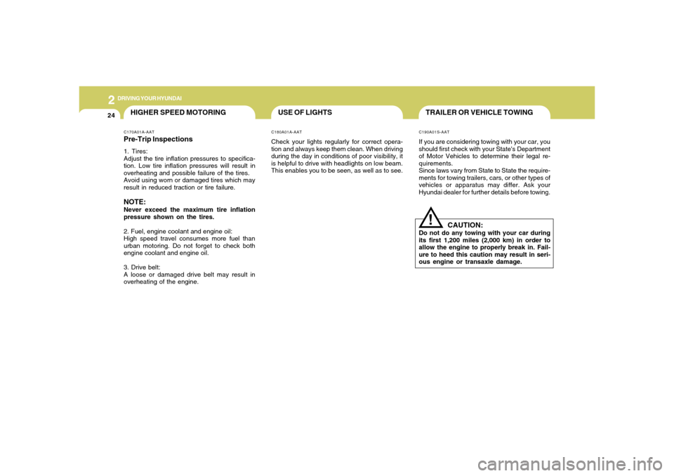 Hyundai Santa Fe 2006  Owners Manual 2
DRIVING YOUR HYUNDAI
24
TRAILER OR VEHICLE TOWING!
C190A01S-AATIf you are considering towing with your car, you
should first check with your States Department
of Motor Vehicles to determine their l