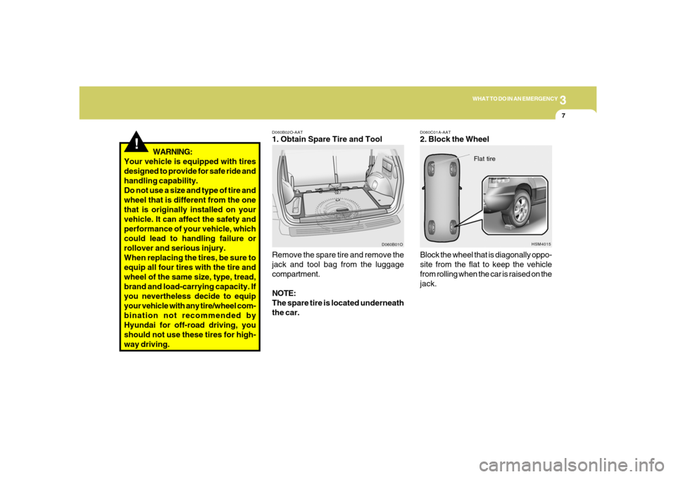 Hyundai Santa Fe 2006 Owners Manual 3
WHAT TO DO IN AN EMERGENCY
7
D060C01A-AAT2. Block the Wheel
D060B02O-AAT1. Obtain Spare Tire and Tool
Remove the spare tire and remove the
jack and tool bag from the luggage
compartment.
NOTE:
The s Hyundai Santa Fe 2006 Owners Manual 3
WHAT TO DO IN AN EMERGENCY
7
D060C01A-AAT2. Block the Wheel
D060B02O-AAT1. Obtain Spare Tire and Tool
Remove the spare tire and remove the
jack and tool bag from the luggage
compartment.
NOTE:
The s