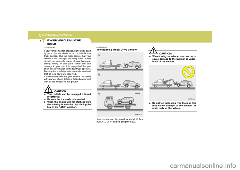 Hyundai Santa Fe 2006 Owners Manual 312
WHAT TO DO IN AN EMERGENCY
IF YOUR VEHICLE MUST BE
TOWEDD080A01O-GATIf your vehicle has to be towed, it should be done
by your Hyundai dealer or a commercial tow
truck service. This will help assu Hyundai Santa Fe 2006 Owners Manual 312
WHAT TO DO IN AN EMERGENCY
IF YOUR VEHICLE MUST BE
TOWEDD080A01O-GATIf your vehicle has to be towed, it should be done
by your Hyundai dealer or a commercial tow
truck service. This will help assu