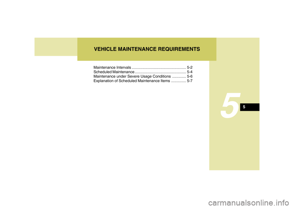 Hyundai Santa Fe 2006  Owners Manual 5
Maintenance Intervals ................................................... 5-2
Scheduled Maintenance ................................................ 5-4
Maintenance under Severe Usage Conditions ...