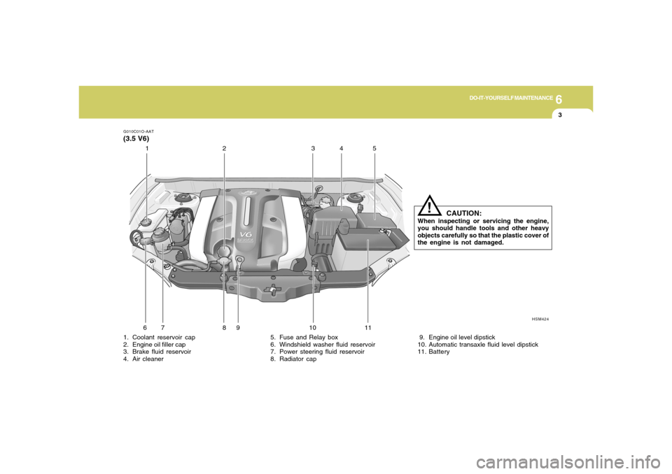Hyundai Santa Fe 2006  Owners Manual 6
DO-IT-YOURSELF MAINTENANCE
3
G010C01O-AAT(3.5 V6)1. Coolant reservoir cap
2. Engine oil filler cap
3. Brake fluid reservoir
4. Air cleaner5. Fuse and Relay box
6. Windshield washer fluid reservoir
7