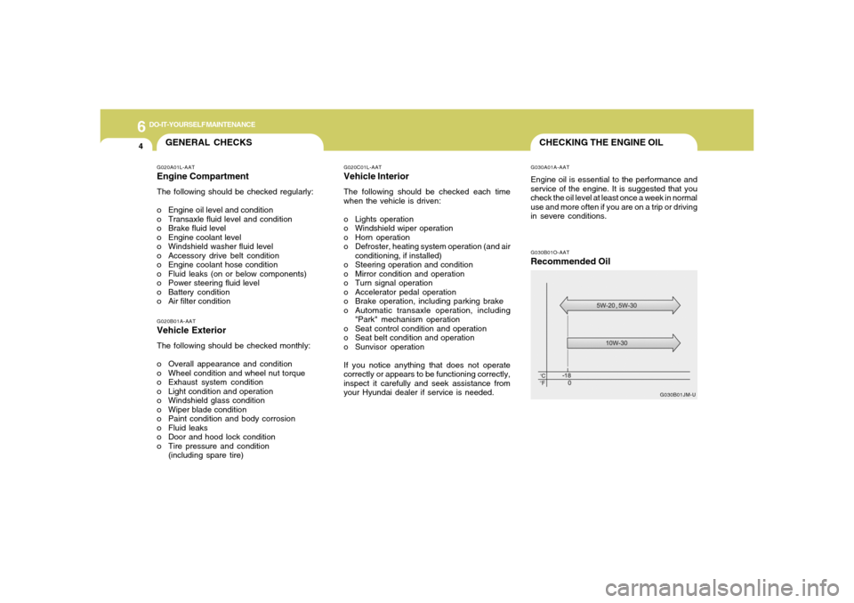 Hyundai Santa Fe 2006  Owners Manual 6
DO-IT-YOURSELF MAINTENANCE
4
CHECKING THE ENGINE OILG030A01A-AATEngine oil is essential to the performance and
service of the engine. It is suggested that you
check the oil level at least once a wee