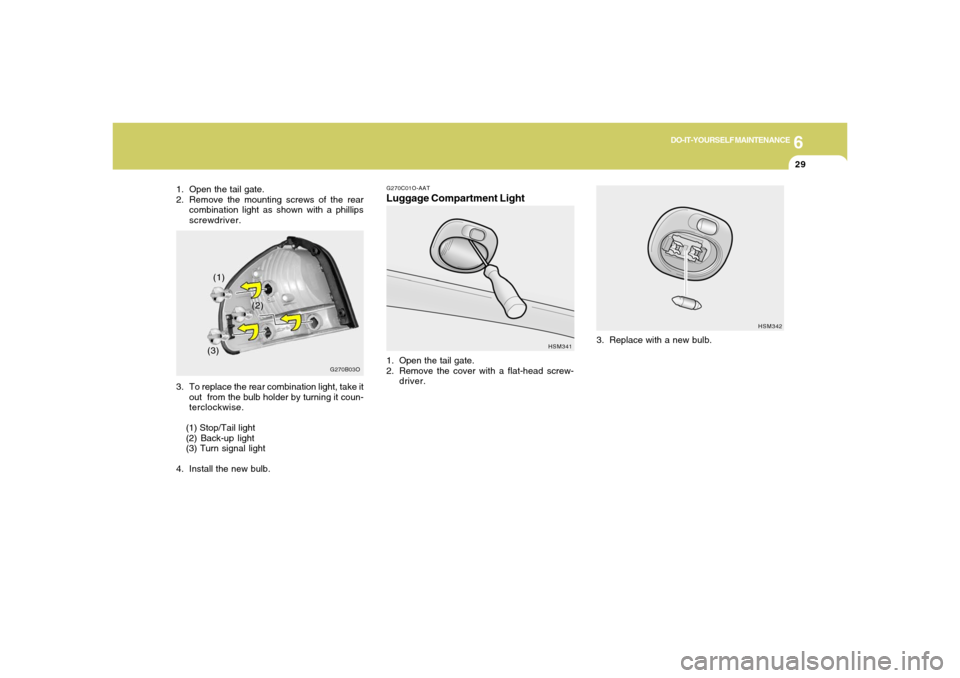 Hyundai Santa Fe 2006 Owners Manual 6
DO-IT-YOURSELF MAINTENANCE
29
HSM342
3. Replace with a new bulb.
G270C01O-AATLuggage Compartment Light1. Open the tail gate.
2. Remove the cover with a flat-head screw-
driver.
HSM341
1. Open the ta Hyundai Santa Fe 2006 Owners Manual 6
DO-IT-YOURSELF MAINTENANCE
29
HSM342
3. Replace with a new bulb.
G270C01O-AATLuggage Compartment Light1. Open the tail gate.
2. Remove the cover with a flat-head screw-
driver.
HSM341
1. Open the ta