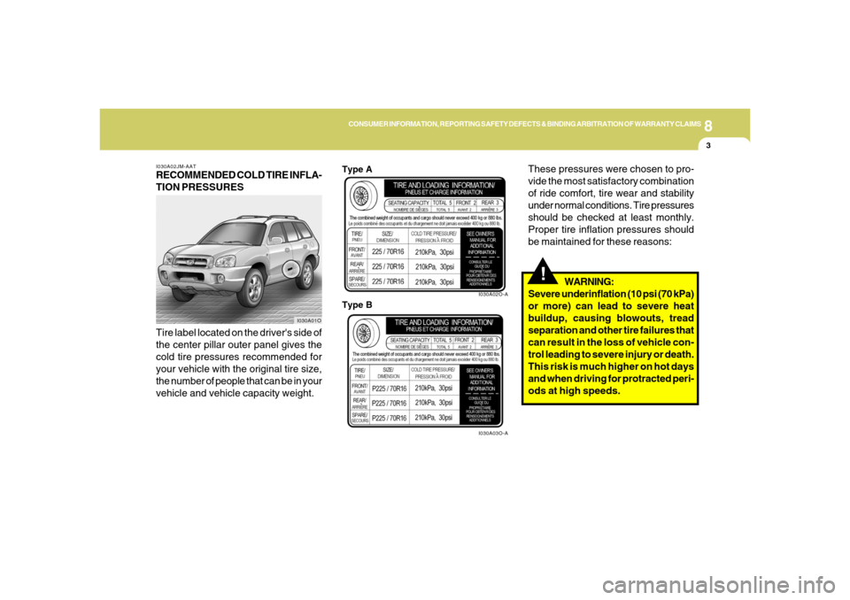 Hyundai Santa Fe 2006  Owners Manual 8
CONSUMER INFORMATION, REPORTING SAFETY DEFECTS & BINDING ARBITRATION OF WARRANTY CLAIMS
3
!
I030A02JM-AATRECOMMENDED COLD TIRE INFLA-
TION PRESSURES
Tire label located on the drivers side of
the ce