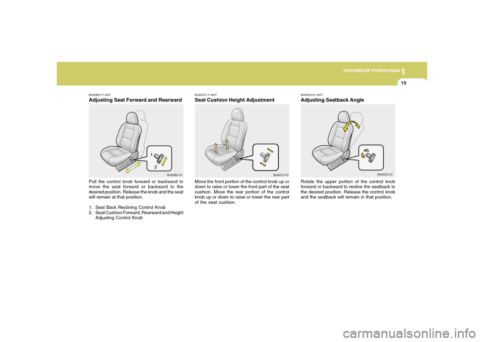 Hyundai Santa Fe 2006 Owners Guide 1
FEATURES OF YOUR HYUNDAI
15
B090B01Y-AATAdjusting Seat Forward and RearwardPull the control knob forward or backward to
move the seat forward or backward to the
desired position. Release the knob an