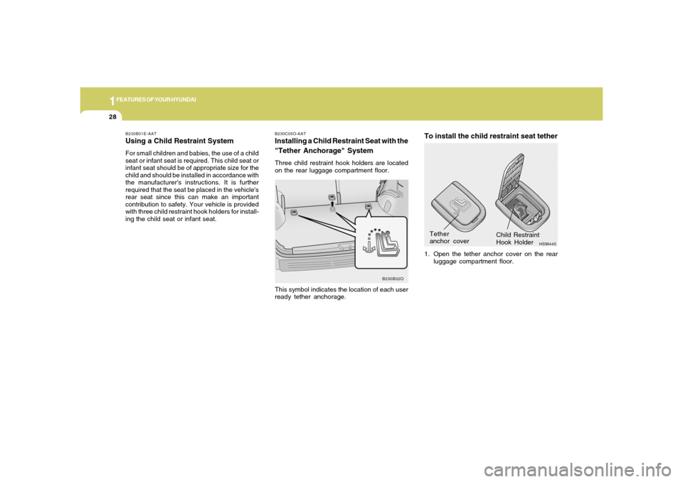 Hyundai Santa Fe 2006 Owners Guide 1FEATURES OF YOUR HYUNDAI28
B230C05O-AATInstalling a Child Restraint Seat with the
"Tether Anchorage" SystemThree child restraint hook holders are located
on the rear luggage compartment floor.
HSM445 Hyundai Santa Fe 2006 Owners Guide 1FEATURES OF YOUR HYUNDAI28
B230C05O-AATInstalling a Child Restraint Seat with the
"Tether Anchorage" SystemThree child restraint hook holders are located
on the rear luggage compartment floor.
HSM445