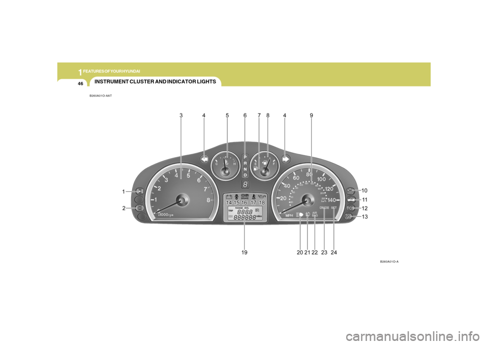 Hyundai Santa Fe 2006 Workshop Manual 1FEATURES OF YOUR HYUNDAI46
INSTRUMENT CLUSTER AND INDICATOR LIGHTSB260A01O-AAT
B260A01O-A 