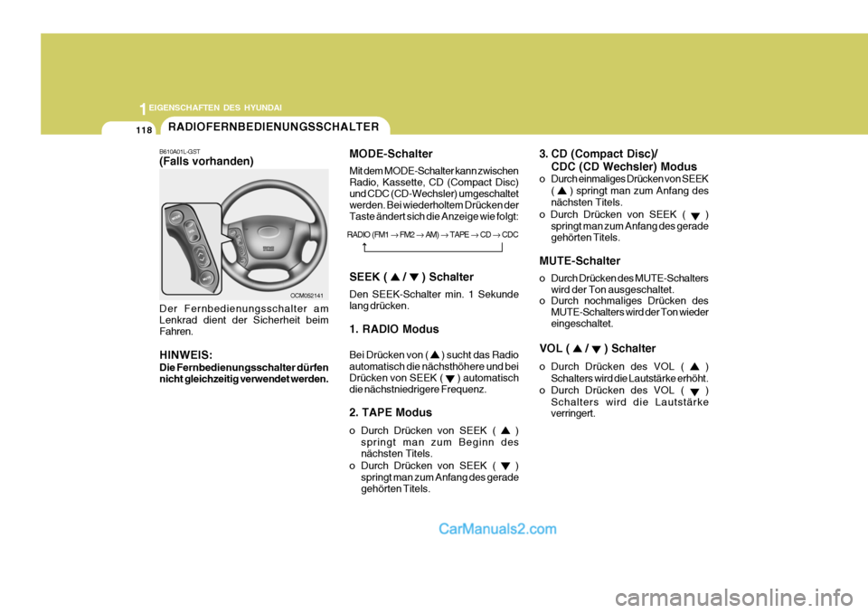 Hyundai Santa Fe 2006  Betriebsanleitung (in German) 1EIGENSCHAFTEN DES HYUNDAI
118
SEEK ( 
 /  ) Schalter
Den SEEK-Schalter min. 1 Sekunde lang drücken. 1. RADIO Modus Bei Drücken von ( 
 ) sucht das Radio
automatisch die nächsthöhere und bei Drüc