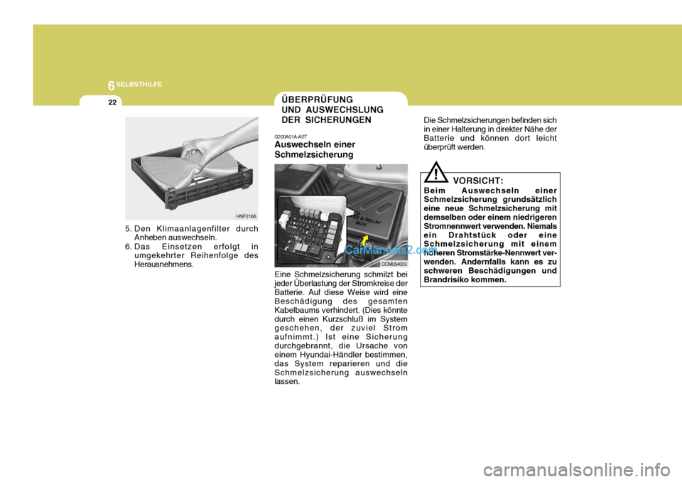 Hyundai Santa Fe 2006 Betriebsanleitung (in German) 6SELBSTHILFE
22
5. Den Klimaanlagenfilter durchAnheben auswechseln.
6. Das Einsetzen erfolgt in umgekehrter Reihenfolge des Herausnehmens.
HNF2165
ÜBERPRÜFUNG UND AUSWECHSLUNGDER SICHERUNGEN
OCM0540 Hyundai Santa Fe 2006 Betriebsanleitung (in German) 6SELBSTHILFE
22
5. Den Klimaanlagenfilter durchAnheben auswechseln.
6. Das Einsetzen erfolgt in umgekehrter Reihenfolge des Herausnehmens.
HNF2165
ÜBERPRÜFUNG UND AUSWECHSLUNGDER SICHERUNGEN
OCM0540