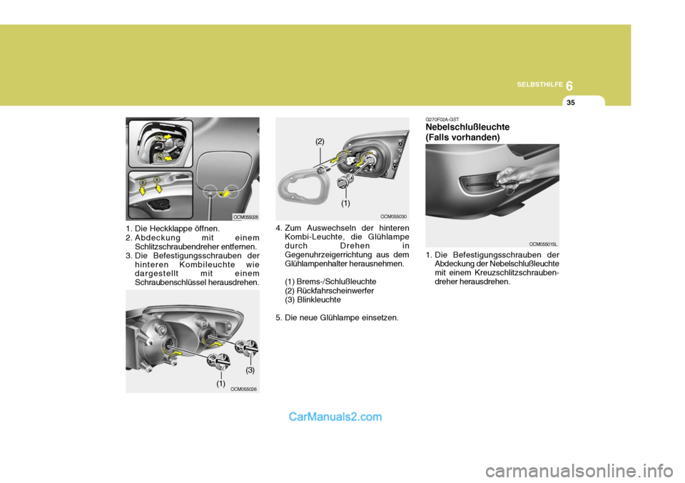 Hyundai Santa Fe 2006 Betriebsanleitung (in German) 6
SELBSTHILFE
35
1. Die Heckklappe öffnen.
2. Abdeckung mit einem Schlitzschraubendreher entfernen.
3. Die Befestigungsschrauben der
hinteren Kombileuchte wie dargestellt mit einem Schraubenschlüss Hyundai Santa Fe 2006 Betriebsanleitung (in German) 6
SELBSTHILFE
35
1. Die Heckklappe öffnen.
2. Abdeckung mit einem Schlitzschraubendreher entfernen.
3. Die Befestigungsschrauben der
hinteren Kombileuchte wie dargestellt mit einem Schraubenschlüss
