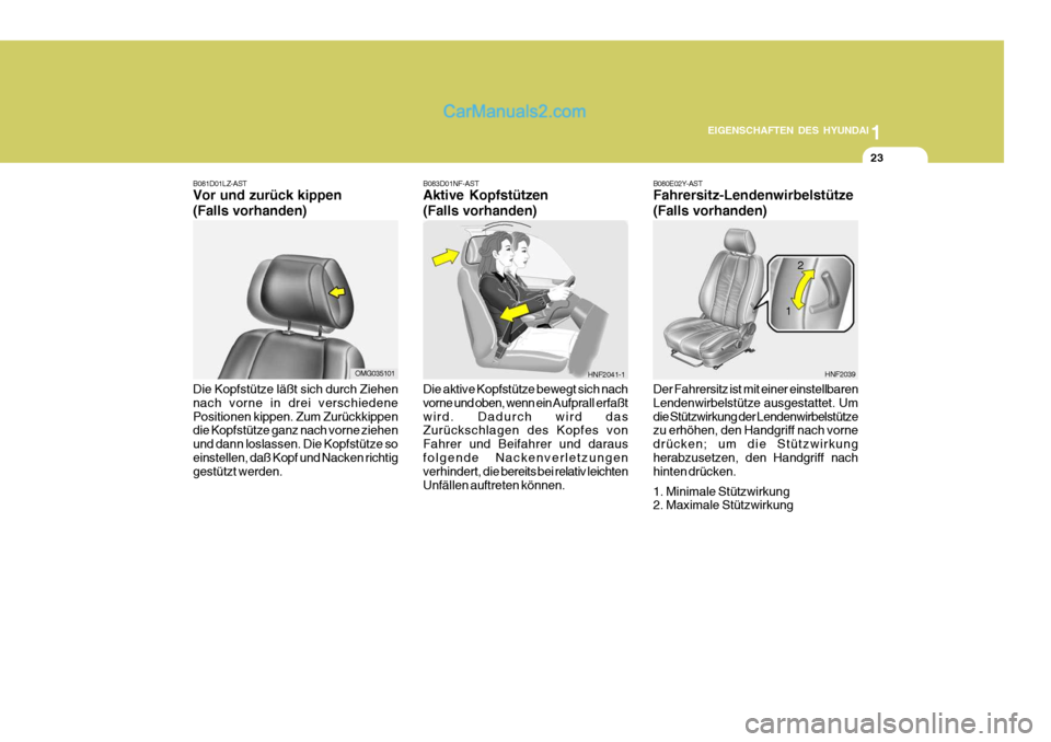 Hyundai Santa Fe 2006 Betriebsanleitung (in German) 1
EIGENSCHAFTEN DES HYUNDAI
23
B080E02Y-AST Fahrersitz-Lendenwirbelstütze (Falls vorhanden) Der Fahrersitz ist mit einer einstellbaren Lendenwirbelstütze ausgestattet. Umdie Stützwirkung der Lenden Hyundai Santa Fe 2006 Betriebsanleitung (in German) 1
EIGENSCHAFTEN DES HYUNDAI
23
B080E02Y-AST Fahrersitz-Lendenwirbelstütze (Falls vorhanden) Der Fahrersitz ist mit einer einstellbaren Lendenwirbelstütze ausgestattet. Umdie Stützwirkung der Lenden