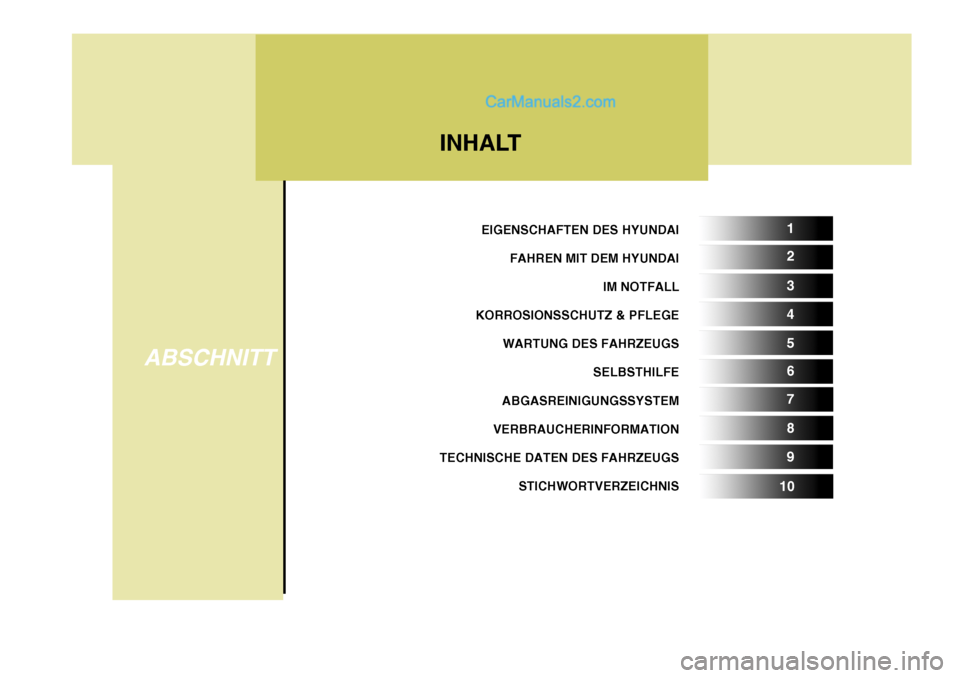 Hyundai Santa Fe 2006  Betriebsanleitung (in German) EIGENSCHAFTEN DES HYUNDAIFAHREN MIT DEM HYUNDAI IM NOTFALL
KORROSIONSSCHUTZ & PFLEGE WARTUNG DES FAHRZEUGS SELBSTHILFE
ABGASREINIGUNGSSYSTEM
VERBRAUCHERINFORMATION
TECHNISCHE DATEN DES FAHRZEUGS
STICH