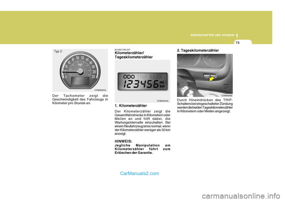 Hyundai Santa Fe 2006  Betriebsanleitung (in German) 1
EIGENSCHAFTEN DES HYUNDAI
73
OCM052203L
OCM052220L
Typ C
Der Tachometer zeigt die Geschwindigkeit des Fahrzeugs in Kilometer pro Stunde an. B310B01CM-GST Kilometerzähler/ Tageskilometerzähler 1. K