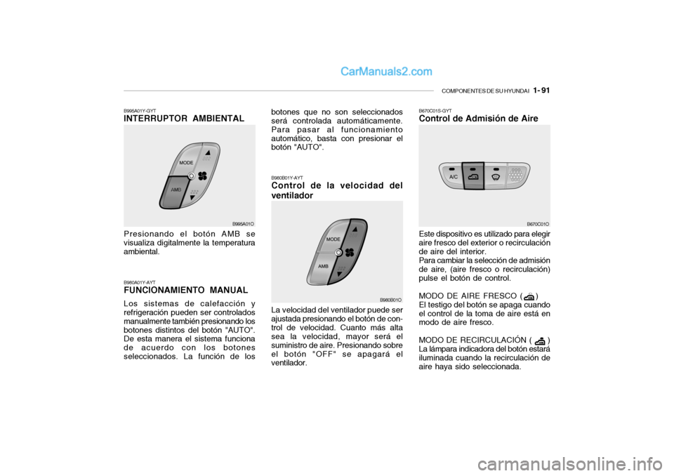 Hyundai Santa Fe 2006  Manual del propietario (in Spanish) COMPONENTES DE SU HYUNDAI
   1- 91
B980A01Y-AYTFUNCIONAMIENTO MANUALLos sistemas de calefacción y
refrigeración pueden ser controlados
manualmente también presionando los
botones distintos del bot