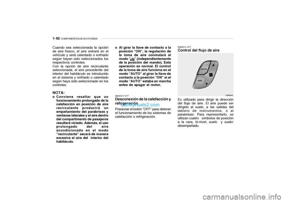 Hyundai Santa Fe 2006  Manual del propietario (in Spanish) 1- 92  
COMPONENTES DE SU HYUNDAI
Cuando sea seleccionada la opción
de aire fresco, el aire entrará en el
vehículo y será calentado o enfriado
según hayan sido seleccionados los
respectivos contr