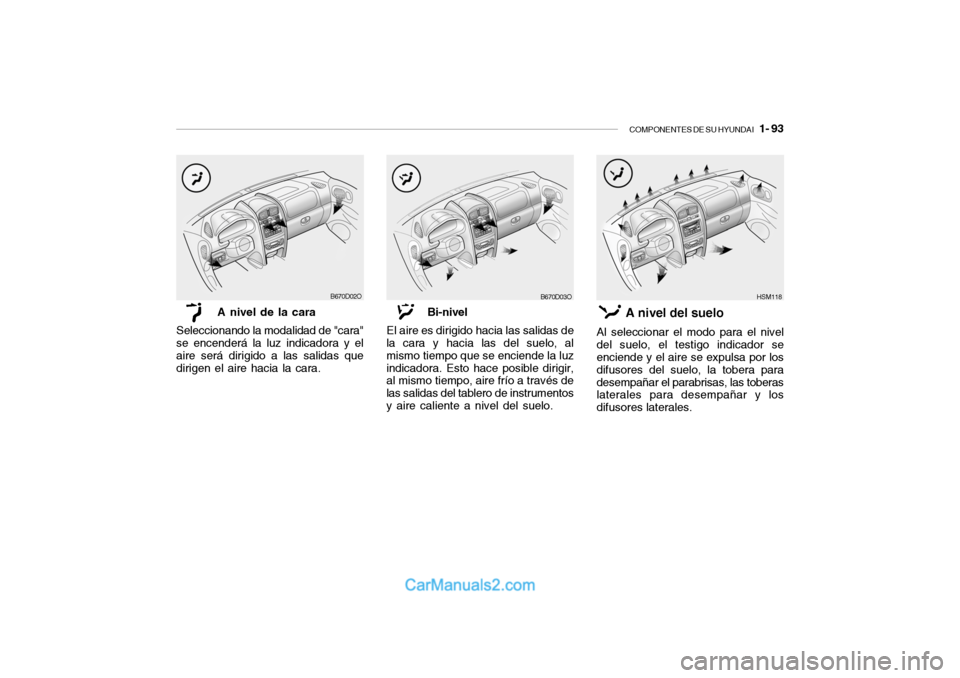 Hyundai Santa Fe 2006  Manual del propietario (in Spanish) COMPONENTES DE SU HYUNDAI
   1- 93
B670D03O
HSM118
Bi-nivel
El aire es dirigido hacia las salidas de
la cara y hacia las del suelo, al
mismo tiempo que se enciende la luz
indicadora. Esto hace posible