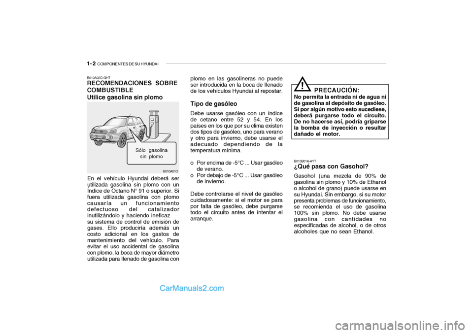 Hyundai Santa Fe 2006 Manual del propietario (in Spanish) 1- 2
COMPONENTES DE SU HYUNDAI
B010A01O B010A02O-GHT
RECOMENDACIONES SOBRE
COMBUSTIBLE
Utilice gasolina sin plomoEn el vehículo Hyundai deberá ser
utilizada gasolina sin plomo con un
Índice de Oc Hyundai Santa Fe 2006 Manual del propietario (in Spanish) 1- 2
COMPONENTES DE SU HYUNDAI
B010A01O B010A02O-GHT
RECOMENDACIONES SOBRE
COMBUSTIBLE
Utilice gasolina sin plomoEn el vehículo Hyundai deberá ser
utilizada gasolina sin plomo con un
Índice de Oc