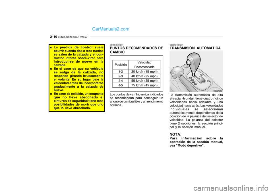 Hyundai Santa Fe 2006  Manual del propietario (in Spanish) 2- 10  
CONDUCIENDO SU HYNDAI
C090A01O
La transmisión automática de alta
eficacia Hyundai, tiene cuatro / cinco
velocidades hacia adelante y una
velocidad hacia atrás. Las velocidades
individuales 
