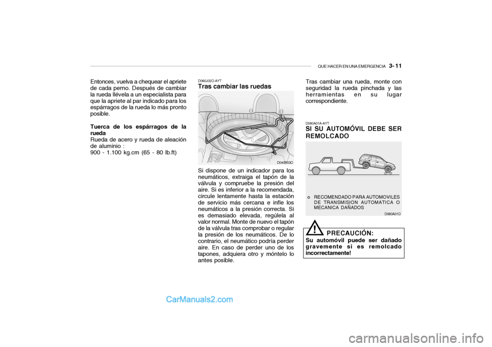 Hyundai Santa Fe 2006  Manual del propietario (in Spanish) QUE HACER EN UNA EMERGENCIA
   3- 11D080A01O D060J02O-AYT
Tras cambiar las ruedasSi dispone de un indicador para los
neumáticos, extraiga el tapón de la
válvula y compruebe la presión del
aire. Si