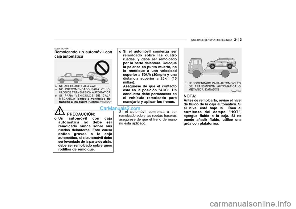 Hyundai Santa Fe 2006  Manual del propietario (in Spanish) QUE HACER EN UNA EMERGENCIA
   3- 13
D080C01O-Y D080C01O-GYT
Remolcando un automóvil con
caja automática
PRECAUCIÓN:o Un automóvil con caja
automática no debe ser
remolcado nunca sobre sus
ruedas