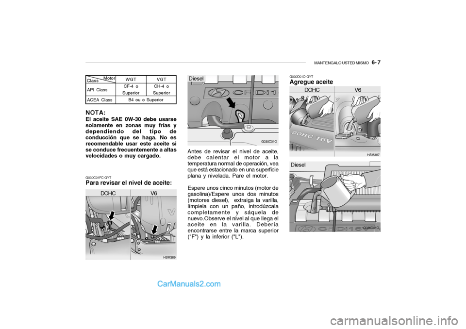Hyundai Santa Fe 2006  Manual del propietario (in Spanish) MANTENGALO USTED MISMO
   6- 7
G030D01O-GYTAgregue aceite
G030C01FC-GYTPara revisar el nivel de aceite:
Antes de revisar el nivel de aceite,
debe calentar el motor a la
temperatura normal de operació