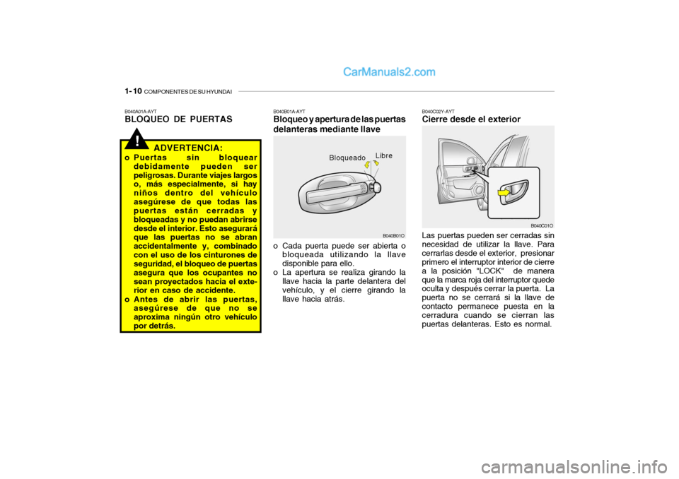 Hyundai Santa Fe 2006 Manual del propietario (in Spanish) 1- 10
COMPONENTES DE SU HYUNDAI
B040C02Y-AYTCierre desde el exteriorLas puertas pueden ser cerradas sin
necesidad de utilizar la llave. Para
cerrarlas desde el exterior, presionar
primero el interr Hyundai Santa Fe 2006 Manual del propietario (in Spanish) 1- 10
COMPONENTES DE SU HYUNDAI
B040C02Y-AYTCierre desde el exteriorLas puertas pueden ser cerradas sin
necesidad de utilizar la llave. Para
cerrarlas desde el exterior, presionar
primero el interr