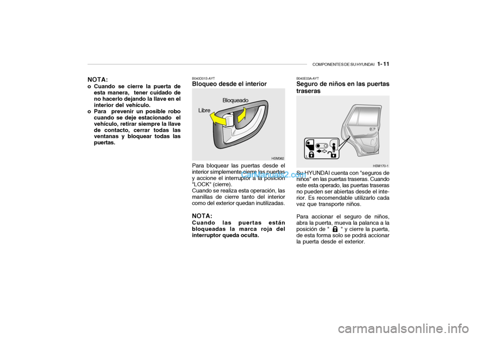 Hyundai Santa Fe 2006 Manual del propietario (in Spanish) COMPONENTES DE SU HYUNDAI
1- 11
HSM362
Libre
B040D01S-AYTBloqueo desde el interiorPara bloquear las puertas desde el
interior simplemente cierre las puertas
y accione el interruptor a la posición
Hyundai Santa Fe 2006 Manual del propietario (in Spanish) COMPONENTES DE SU HYUNDAI
1- 11
HSM362
Libre
B040D01S-AYTBloqueo desde el interiorPara bloquear las puertas desde el
interior simplemente cierre las puertas
y accione el interruptor a la posición