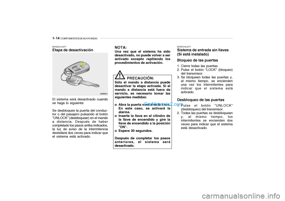 Hyundai Santa Fe 2006 Manual del propietario (in Spanish) 1- 14
COMPONENTES DE SU HYUNDAI
B070D01O-AYTEtapa de desactivación
!
B070F01A-GYTSistema de entrada sin llaves
(Si está instalado)
Bloqueo de las puertas1. Cierre todas las puertas.
2. Pulse el bo Hyundai Santa Fe 2006 Manual del propietario (in Spanish) 1- 14
COMPONENTES DE SU HYUNDAI
B070D01O-AYTEtapa de desactivación
!
B070F01A-GYTSistema de entrada sin llaves
(Si está instalado)
Bloqueo de las puertas1. Cierre todas las puertas.
2. Pulse el bo
