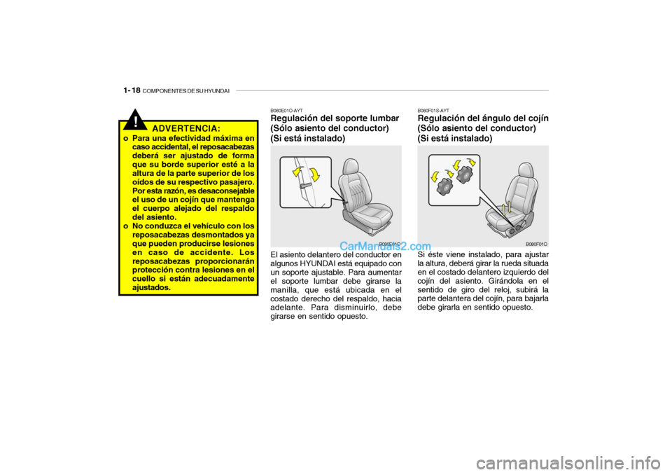 Hyundai Santa Fe 2006 Manual del propietario (in Spanish) 1- 18
COMPONENTES DE SU HYUNDAI
!
ADVERTENCIA:
o Para una efectividad máxima en
caso accidental, el reposacabezas
deberá ser ajustado de forma
que su borde superior esté a la
altura de la parte s Hyundai Santa Fe 2006 Manual del propietario (in Spanish) 1- 18
COMPONENTES DE SU HYUNDAI
!
ADVERTENCIA:
o Para una efectividad máxima en
caso accidental, el reposacabezas
deberá ser ajustado de forma
que su borde superior esté a la
altura de la parte s