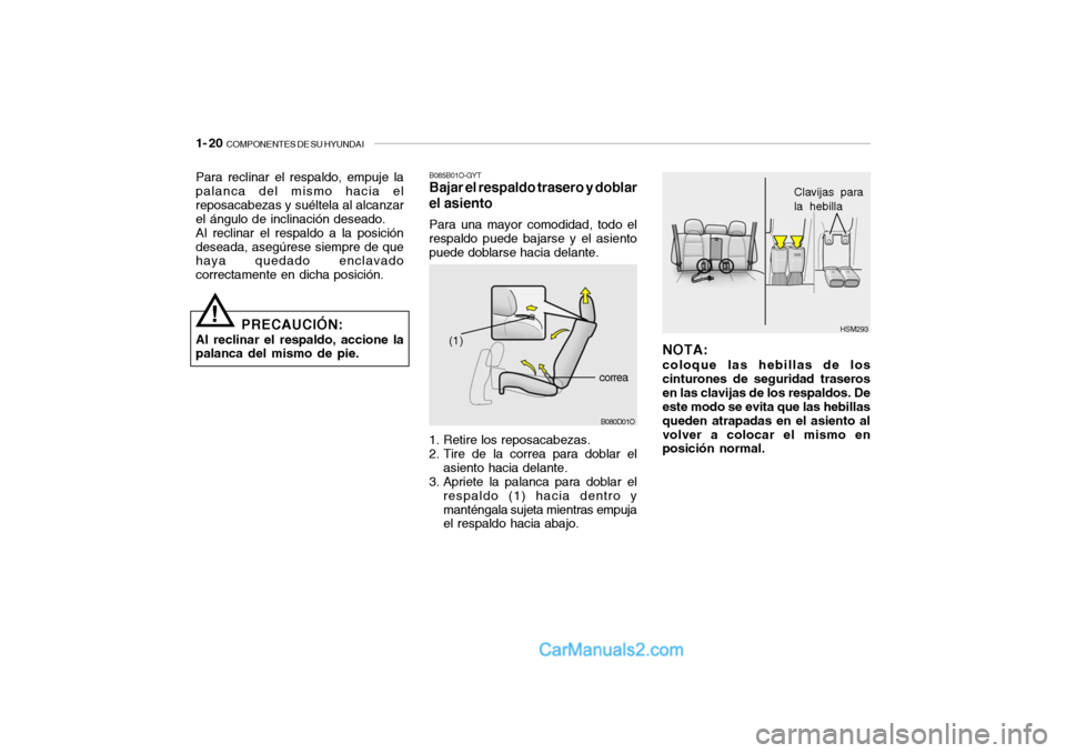 Hyundai Santa Fe 2006  Manual del propietario (in Spanish) 1- 20  
COMPONENTES DE SU HYUNDAI
HSM293
B080D01O
(1)
correa
Para reclinar el respaldo, empuje la
palanca del mismo hacia el
reposacabezas y suéltela al alcanzar
el ángulo de inclinación deseado.
A