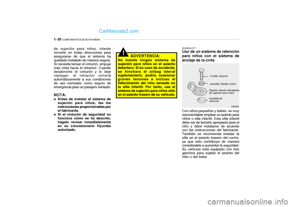 Hyundai Santa Fe 2006  Manual del propietario (in Spanish) 1- 30  
COMPONENTES DE SU HYUNDAI
HSM386
!
B230B02A-GYTUso de un sistema de retención
para niños con el sistema de
anclaje de la cinta
Tornillo, Soporte
Arandela, Muelle cónico
Arandela de
retenci�