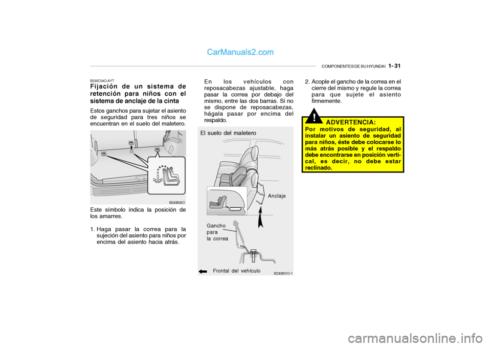 Hyundai Santa Fe 2006 Manual del propietario (in Spanish) COMPONENTES DE SU HYUNDAI
1- 31
!
B230C04O-AYTFijación de un sistema de
retención para niños con el
sistema de anclaje de la cintaEstos ganchos para sujetar el asiento
de seguridad para tres nià Hyundai Santa Fe 2006 Manual del propietario (in Spanish) COMPONENTES DE SU HYUNDAI
1- 31
!
B230C04O-AYTFijación de un sistema de
retención para niños con el
sistema de anclaje de la cintaEstos ganchos para sujetar el asiento
de seguridad para tres niÃ