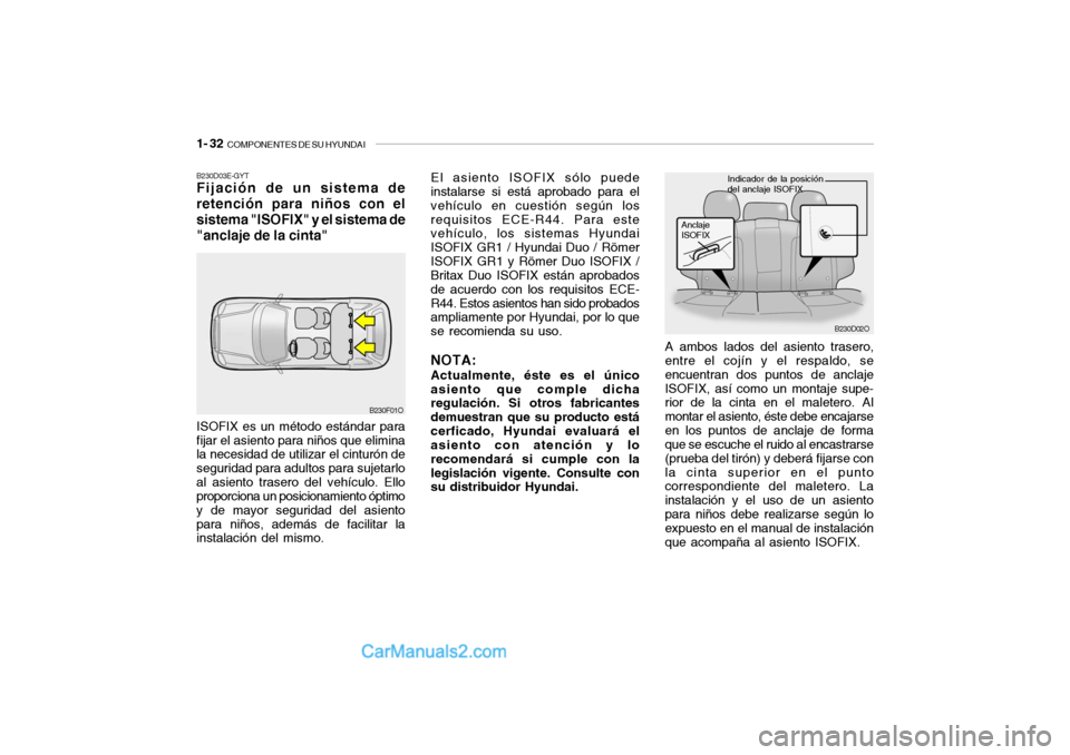 Hyundai Santa Fe 2006 Manual del propietario (in Spanish) 1- 32
COMPONENTES DE SU HYUNDAI
A ambos lados del asiento trasero,
entre el cojÃn y el respaldo, se
encuentran dos puntos de anclaje
ISOFIX, asà como un montaje supe-
rior de la cinta en el malete Hyundai Santa Fe 2006 Manual del propietario (in Spanish) 1- 32
COMPONENTES DE SU HYUNDAI
A ambos lados del asiento trasero,
entre el cojÃn y el respaldo, se
encuentran dos puntos de anclaje
ISOFIX, asà como un montaje supe-
rior de la cinta en el malete