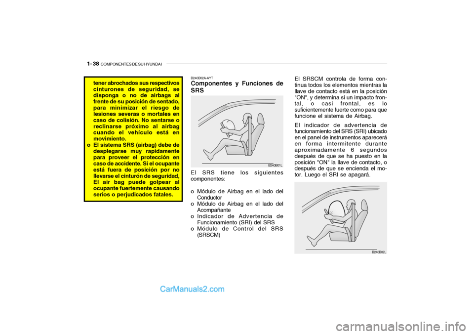 Hyundai Santa Fe 2006  Manual del propietario (in Spanish) 1- 38  
COMPONENTES DE SU HYUNDAI
B240B02A-AYTComponentes y Funciones de
SRSEl SRS tiene los siguientes
componentes:
o Módulo de Airbag en el lado del
Conductor
o Módulo de Airbag en el lado del
Aco