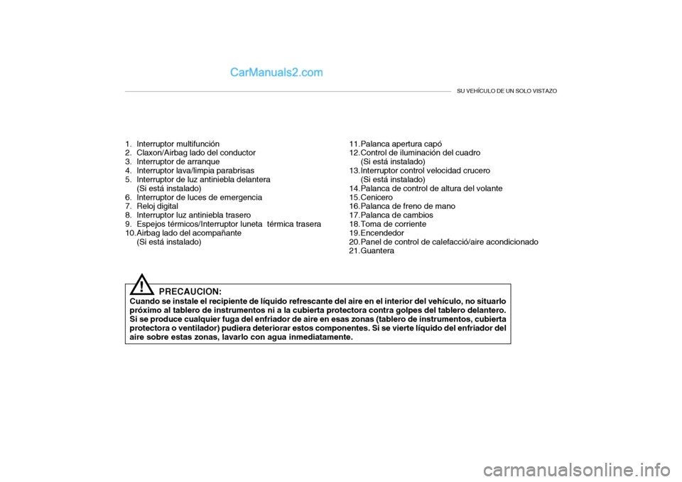 Hyundai Santa Fe 2006 Manual del propietario (in Spanish) SU VEHÍCULO DE UN SOLO VISTAZO
1. Interruptor multifunción
2. Claxon/Airbag lado del conductor
3. Interruptor de arranque
4. Interruptor lava/limpia parabrisas
5. Interruptor de luz antiniebla delan Hyundai Santa Fe 2006 Manual del propietario (in Spanish) SU VEHÍCULO DE UN SOLO VISTAZO
1. Interruptor multifunción
2. Claxon/Airbag lado del conductor
3. Interruptor de arranque
4. Interruptor lava/limpia parabrisas
5. Interruptor de luz antiniebla delan
