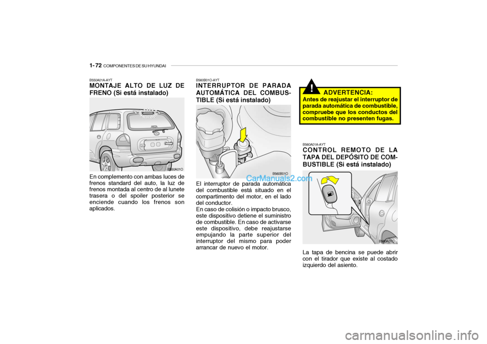 Hyundai Santa Fe 2006  Manual del propietario (in Spanish) 1- 72  
COMPONENTES DE SU HYUNDAI
B560B01O-AYTINTERRUPTOR DE PARADA
AUTOMÁTICA DEL COMBUS-
TIBLE (Si está instalado)El interruptor de parada automática
del combustible está situado en el
compartim