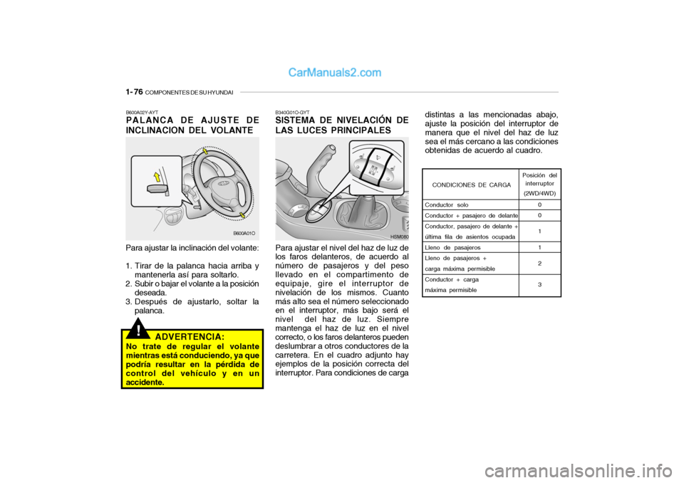 Hyundai Santa Fe 2006  Manual del propietario (in Spanish) 1- 76  
COMPONENTES DE SU HYUNDAI
B340G01O-GYTSISTEMA DE NIVELACIÓN DE
LAS LUCES PRINCIPALESPara ajustar el nivel del haz de luz de
los faros delanteros, de acuerdo al
número de pasajeros y del peso