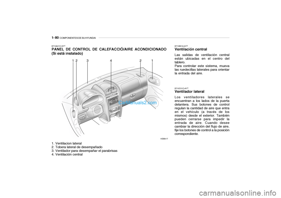 Hyundai Santa Fe 2006  Manual del propietario (in Spanish) 1- 80  
COMPONENTES DE SU HYUNDAI
B710A01O-GYTPANEL DE CONTROL DE CALEFACCIÓ/AIRE ACONDICIONADO
(Si está instalado)1. Ventilacion lateral
2. Tobera lateral de desempañado
3. Ventilador para desempa
