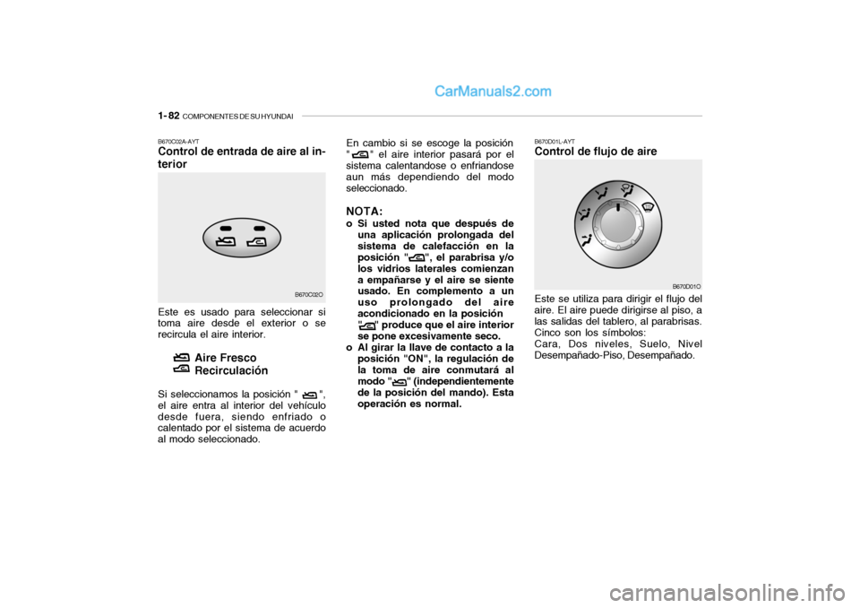 Hyundai Santa Fe 2006  Manual del propietario (in Spanish) 1- 82  
COMPONENTES DE SU HYUNDAI
B670D01L-AYTControl de flujo de aireEste se utiliza para dirigir el flujo del
aire. El aire puede dirigirse al piso, a
las salidas del tablero, al parabrisas.
Cinco s
