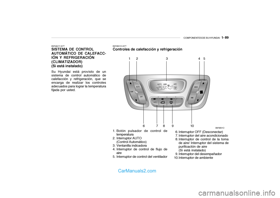Hyundai Santa Fe 2006  Manual del propietario (in Spanish) COMPONENTES DE SU HYUNDAI
   1- 89
B970A01Y-AYTSISTEMA DE CONTROL
AUTOMÁTICO DE CALEFACC-
IÓN Y REFRIGERACIÓN
(CLIMATIZADOR)
(Si está instalado)Su Hyundai está provisto de un
sistema de control a