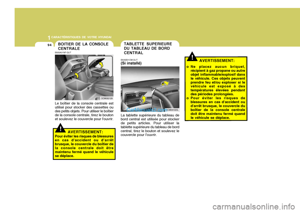 Hyundai Santa Fe 2006  Manuel du propriétaire (in French) 1CARACTÉRISTIQUES DE VOTRE HYUNDAI
94
!
TABLETTE SUPERIEURE DU TABLEAU DE BORD CENTRAL
B505B01CM-GUT (Si installé) La tablette supérieure du tableau de bord central est utilisée pour stocker de pe