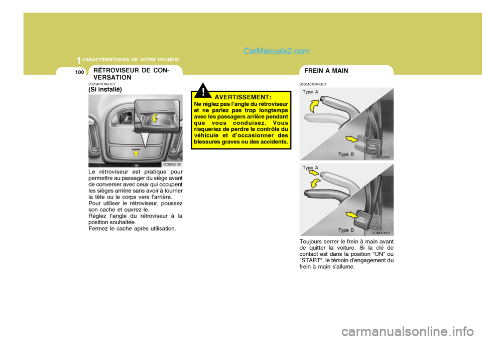 Hyundai Santa Fe 2006  Manuel du propriétaire (in French) 1CARACTÉRISTIQUES DE VOTRE HYUNDAI
100FREIN A MAIN
B530A01CM-GUT Toujours serrer le frein à main avant de quitter la voiture. Si la clé de contact est dans la position "ON" ou"START", le témoin d