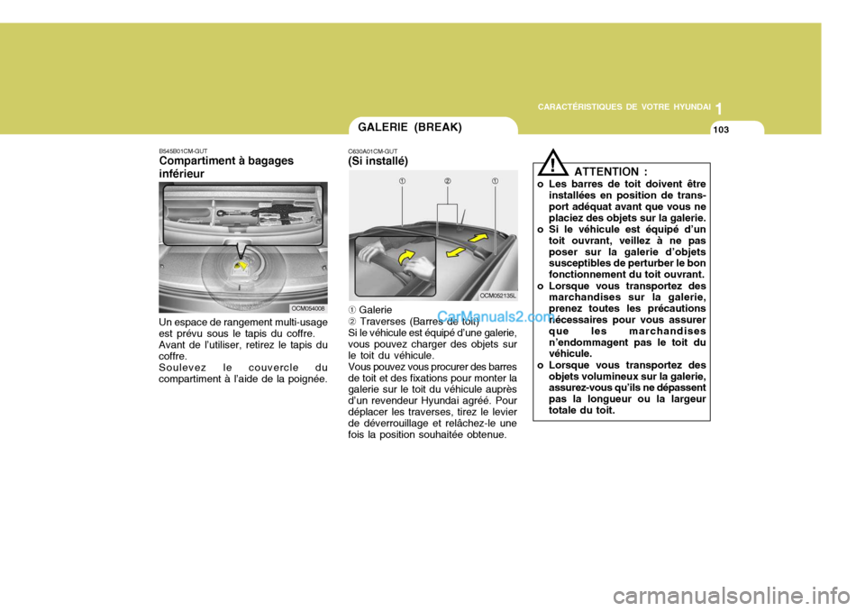 Hyundai Santa Fe 2006  Manuel du propriétaire (in French) 1
CARACTÉRISTIQUES DE VOTRE HYUNDAI
103GALERIE (BREAK)
C630A01CM-GUT (Si installé)
OCM054008
B545B01CM-GUT Compartiment à bagages inférieur
Un espace de rangement multi-usage est prévu sous le ta