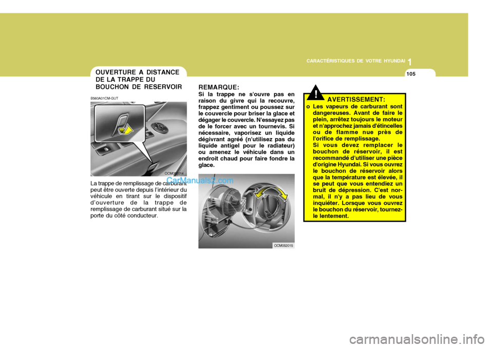 Hyundai Santa Fe 2006  Manuel du propriétaire (in French) 1
CARACTÉRISTIQUES DE VOTRE HYUNDAI
105
REMARQUE: Si la trappe ne souvre pas en
raison du givre qui la recouvre, frappez gentiment ou poussez sur le couvercle pour briser la glace etdégager le couv