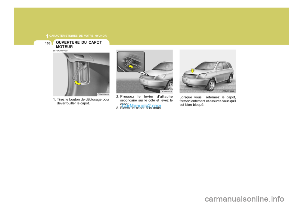Hyundai Santa Fe 2006  Manuel du propriétaire (in French) 1CARACTÉRISTIQUES DE VOTRE HYUNDAI
108
Lorsque vous  refermez le capot,
fermez lentement et assurez-vous quil est bien bloqué.
OCM051026L
2. Pressez le levier dattache secondaire sur le côté et 